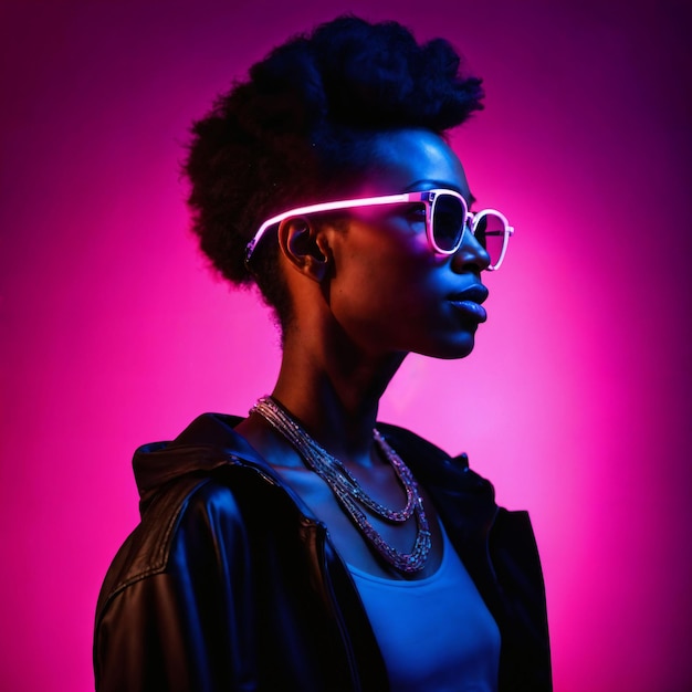 di una bella donna africana con una foto con luce a neon rosa e blu generativa AI