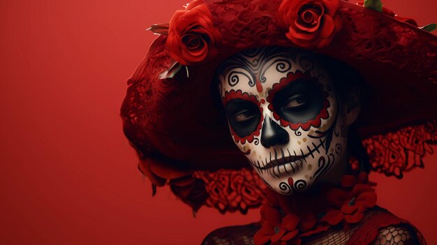 Dia de los muertos donna messicana che indossa una maschera di cranio messicana sfondo rosso elegante