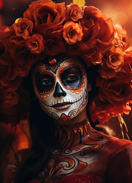 Dia de los muertos Giorno dei morti Donna con trucco di teschio su uno sfondo floreale