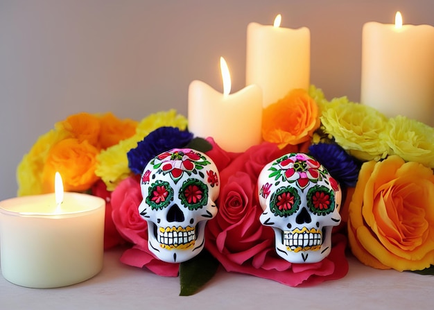 Dia de los muertos messicano giorno dei morti composizione tavola con skullcandlesflowers