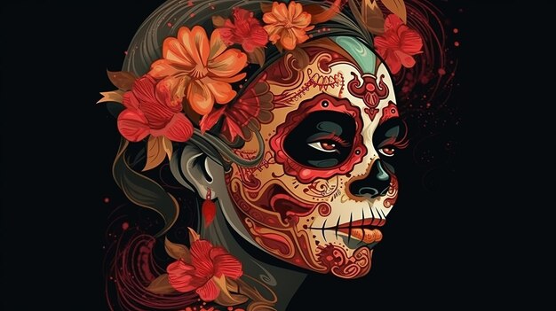 Dia de los Muertos o giorno dei morti messicano Sugar skull girl Generative Ai