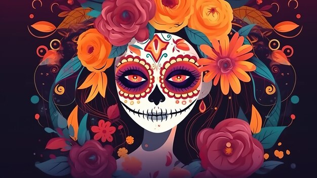 Dia de los Muertos o giorno dei morti messicano Sugar skull girl Generative Ai