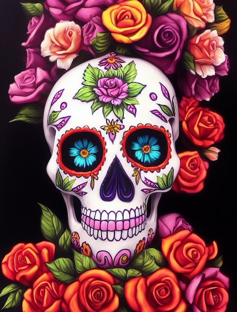 Dia de los muertos tradizionale teschio di zucchero calavera decorato con fiori il giorno dei morti illustrazione