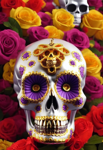 Dia de los muertos tradizionale teschio di zucchero calavera decorato con fiori il giorno dei morti illustrazione