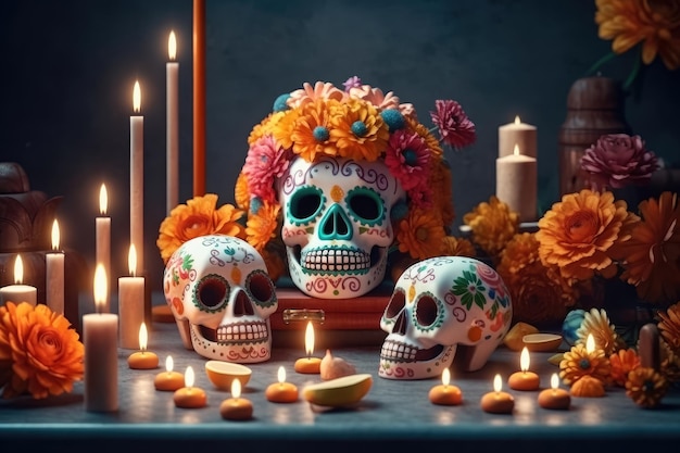 Dia de muertos concetto di altare Giorno dei morti o banner dia de muertos con fiori teschi candele chitarra 3d illustrazione Genera ai