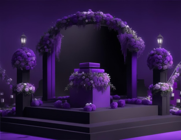 Dia de Muertos Podium Stage 3D Vuoto Viola Pieno con Fiori Tema Scuro