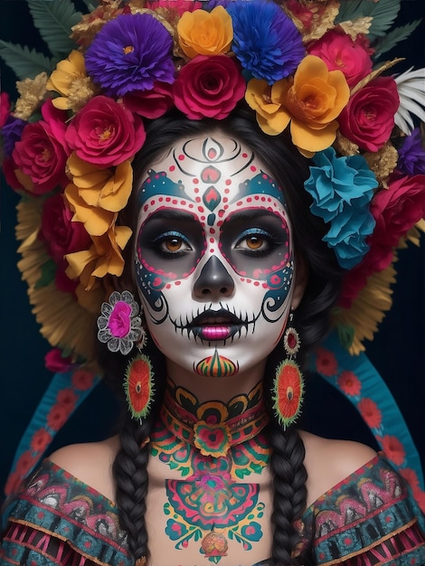 Dia de Muertos Trucco per il giorno dei morti Costume di carnevale nativo messicano la Catrina con fiori