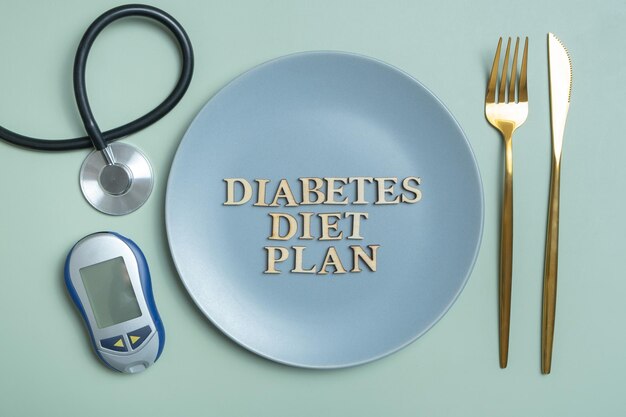 Diabetes Diet Plan testo Stetoscopio glucometro e piatto con posate su sfondo colorato piatto vista dall'alto