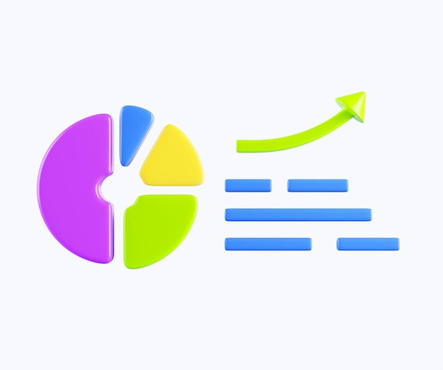 Diagramma a torta del grafico infografico isometrico con la freccia verso l'alto per la presentazione digitale di informazioni statistiche e analitiche Rendering 3d del fumetto del grafico del report delle statistiche finanza o affari