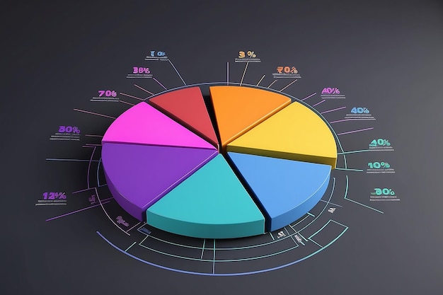 Diagramma a torta multicolore con grafici a barre illustrazione 3D