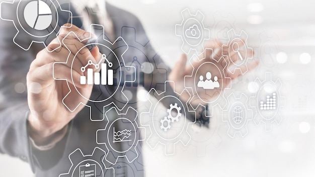 Diagramma astratto del processo aziendale con ingranaggi e icone Concetto di tecnologia di automazione e flusso di lavoro