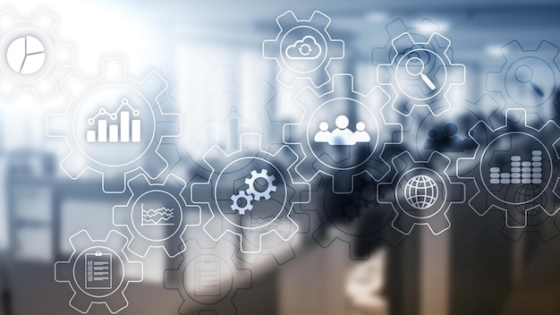 Diagramma astratto del processo aziendale con ingranaggi e icone Concetto di tecnologia di automazione e flusso di lavoro