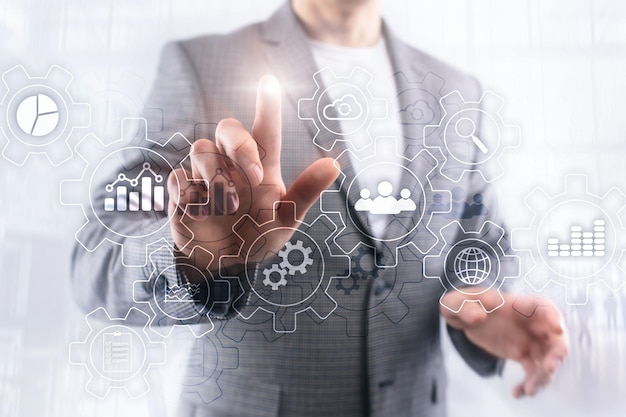 Diagramma astratto del processo aziendale con ingranaggi e icone Concetto di tecnologia di automazione e flusso di lavoro