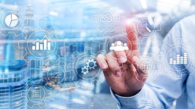 Diagramma astratto del processo aziendale con ingranaggi e icone Concetto di tecnologia di automazione e flusso di lavoro