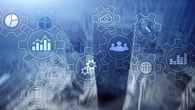 Diagramma astratto del processo aziendale con ingranaggi e icone Concetto di tecnologia di automazione e flusso di lavoro