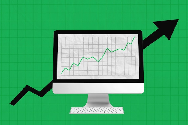 Diagramma che mostra l'aumento dei prezzi del mercato azionario sullo schermo del computer con la freccia che indica verso l'alto