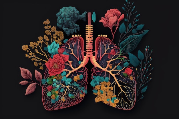 Diagramma con cuore umano e polmoni con fiori su sfondo scuro