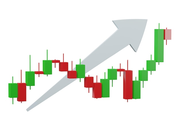 Diagramma delle azioni di crescita 3D grafico finanziario isolato su sfondo trasparente Grafico a candelabro aziendale analisi degli scambi commerciali del mercato degli investimenti e rapporto di finanza economica