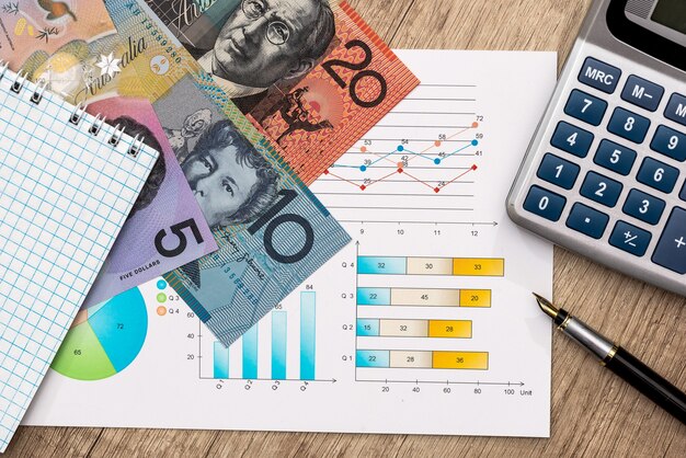 Diagramma di affari con dollaro australiano, calcolatrice e blocco note