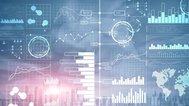 Diagramma di business intelligence GraphStock Trading Cruscotto di investimento trasparente sfondo sfocato