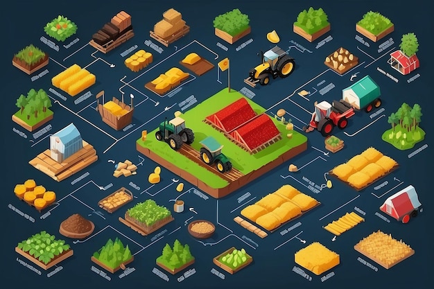 Diagramma di flusso isometrico del commercio di materie prime con illustrazione di simboli agricoli e di materie prime