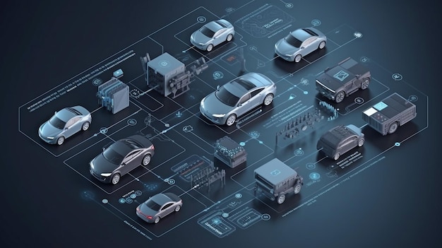 Diagramma di flusso isometrico per parti di automobili EV Generative AI