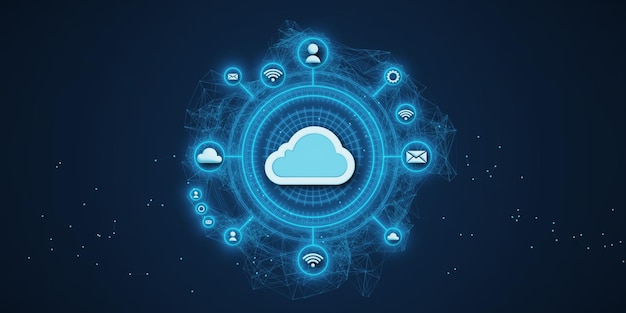 Diagramma di rete di cloud computing con icone su sfondo digitale blu Rendering 3D