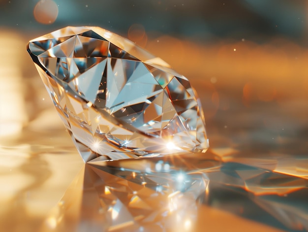 Diamante A39s Brilliance Un diamante magnificamente tagliato luccica di brillantezza fiammeggiante gettando riflessi intricati sulla superficie dorata sotto di esso l'essenza del lusso e della bellezza senza tempo