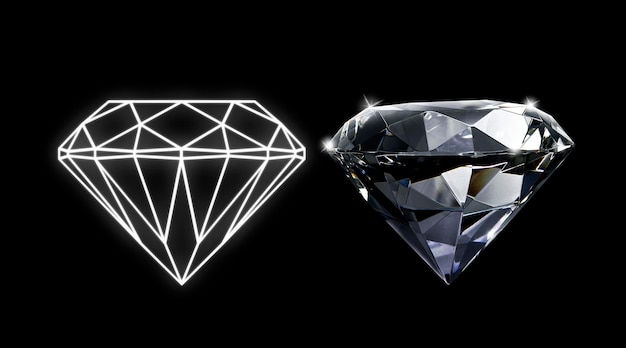 Diamante abbagliante e diamanti in uno stile piatto su sfondo nero