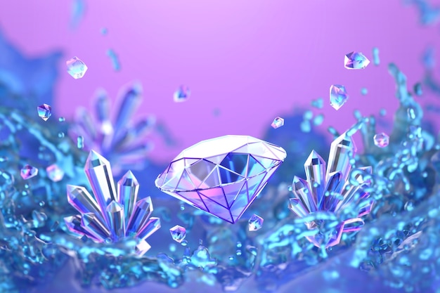 Diamante colorato astratto con messa a fuoco morbida della spruzzata di liquido colorato, rendering 3D