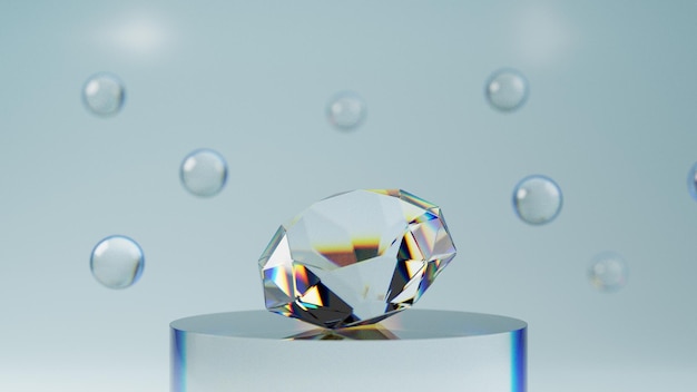 Diamante di lusso con rendering 3d posizionato su cilindro, sfondo di pietra preziosa brillante.