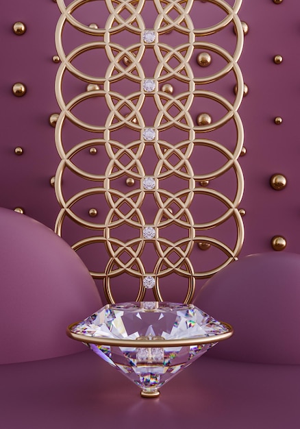 Diamante su fondo magenta, oro. Rendering 3D.