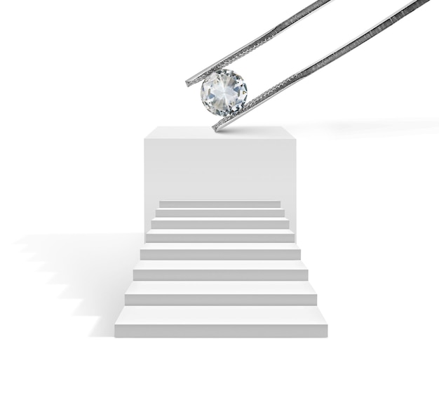 Diamante tenuto in pinzette diamantate su piedistallo ottagonale su sfondo bianco
