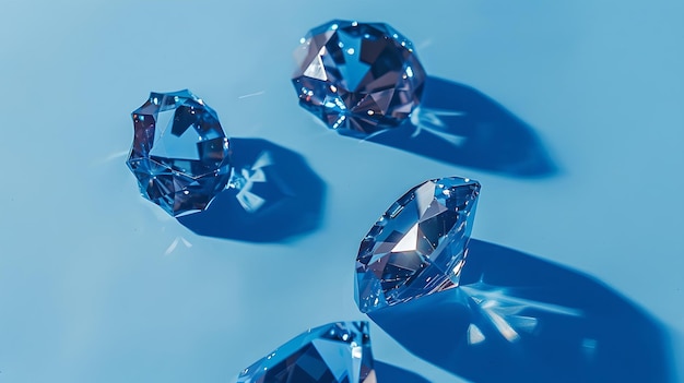 Diamanti brillanti e tagliati sparsi su una superficie blu gemme di lusso concept gioielli e ricchezza ideali per la pubblicità AI