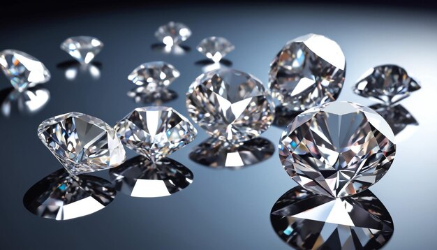 Diamanti tagliati brillantemente scintillano intensamente sparsi su una superficie riflettente 6