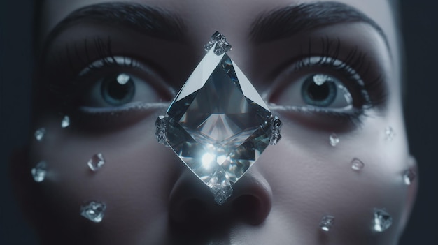 Diamond Goddess Primo piano iperrealistico di una faccia di cristallo con naso e occhi di diamante