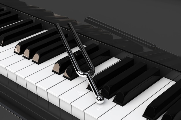 Diapason sopra il primo piano estremo dei tasti del piano. Rendering 3D