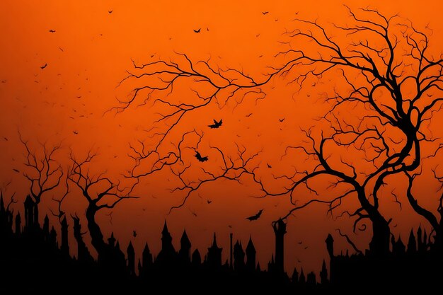 Diavoli di zucca di Halloween su uno sfondo scuro con un albero spettrale e un pipistrello
