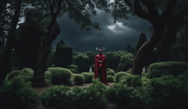 Diavolo in mantello rosso con spada nella foresta concetto di Halloween generato da AI