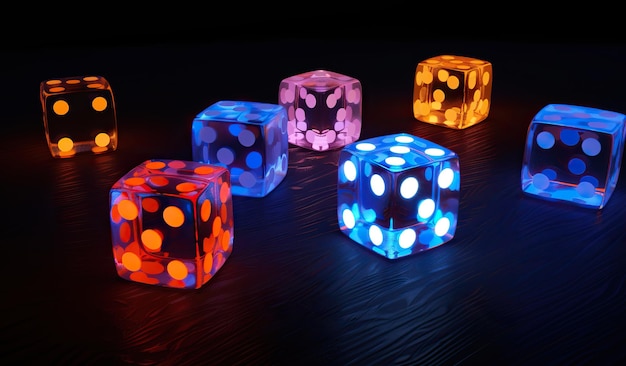 Dice colorati luminosi su uno sfondo scuro Il concetto di gioco d'azzardo e fortuna