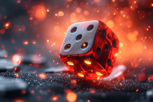 Dice rosso su sfondo nero con effetto bokeh concetto di casinò