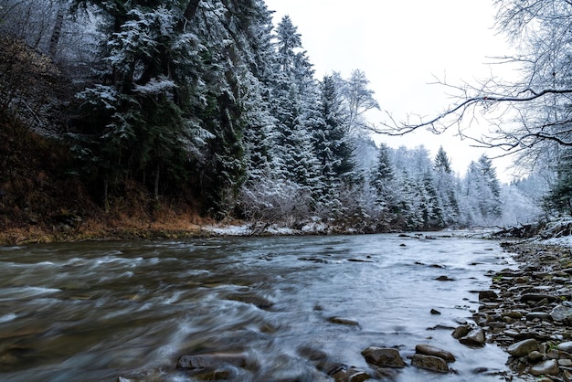 Dicembre paesaggio naturale paesaggio pittoresco fiume tra montagne e alberi smerigliati all'alba Foto HDR si uniscono