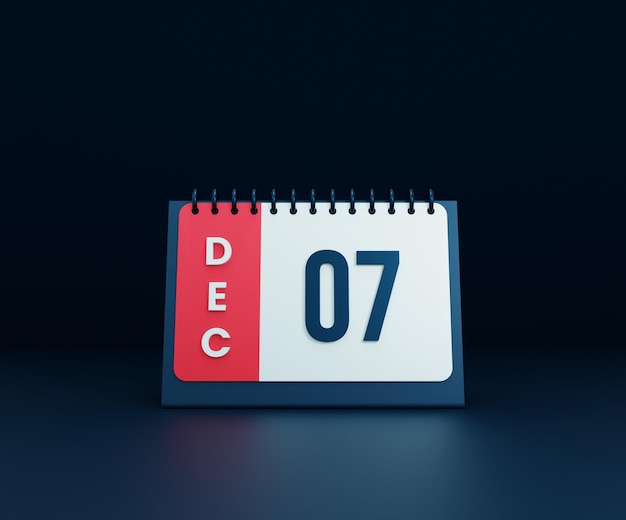 Dicembre realistico calendario da tavolo icona illustrazione 3D data 07 dicembre