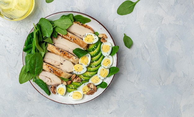 Dieta chetogenica avocado filetto di pollo alla griglia uovo di quaglia spinaci noce su sfondo chiaro Colazione a basso contenuto di carboidrati e ad alto contenuto di grassi Formato banner lungo vista dall'alto