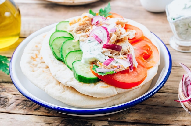 Dieta sana Gyros pita greca panino avvolto con fette di carne tzatziki e verdure fresche