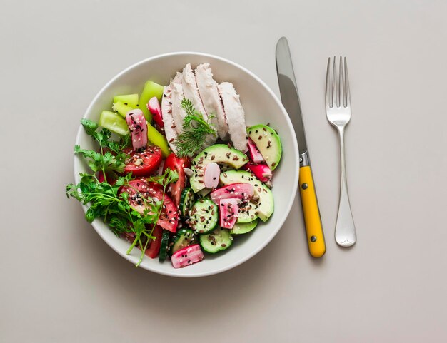 Dieta sana pranzo pollo bollito e insalata di verdure fresche con verdure di stagione su sfondo grigio vista dall'alto