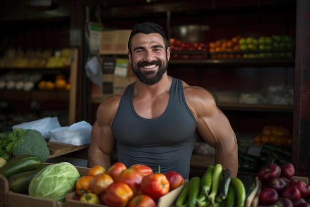 Dietro il bancone delle verdure un sorridente appassionato di fitness vende prodotti freschi di fattoria che incarnano l'essenza di uno stile di vita sano