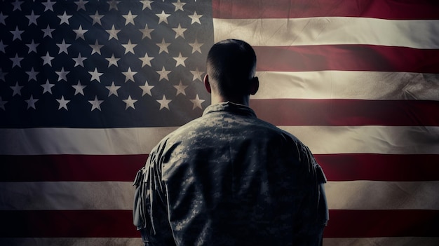 Dietro l'uomo militare americano che sta guardando la bandiera degli Stati Uniti