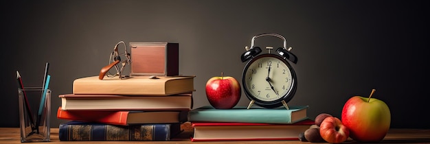 dietro la scuola sfondo impilato pila di libri sveglia orologio Apple matita pronto per prendere appunti simboleggiando l'eccitazione e la prontezza per il viaggio accademico in arrivo