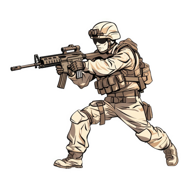 Difesa del dovere Un'illustrazione vettoriale dinamica di un soldato armato in stile Doodly